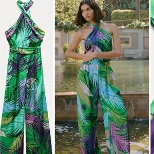 Zara Multicolor Leaf Print Halter Jumpsuit